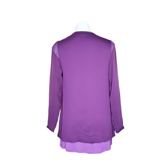 LOGO by Lori Goldstein plum chiffon tunic sheer sleeves V-neck Purple Blouse - Picture 3 of 5